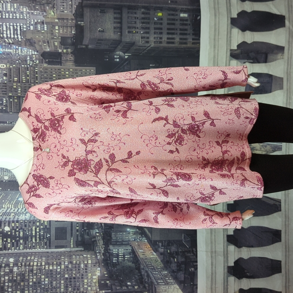 Imagio sz S Vintage Shimmering Metallic Floral Print Long Sleeve Tunic Top